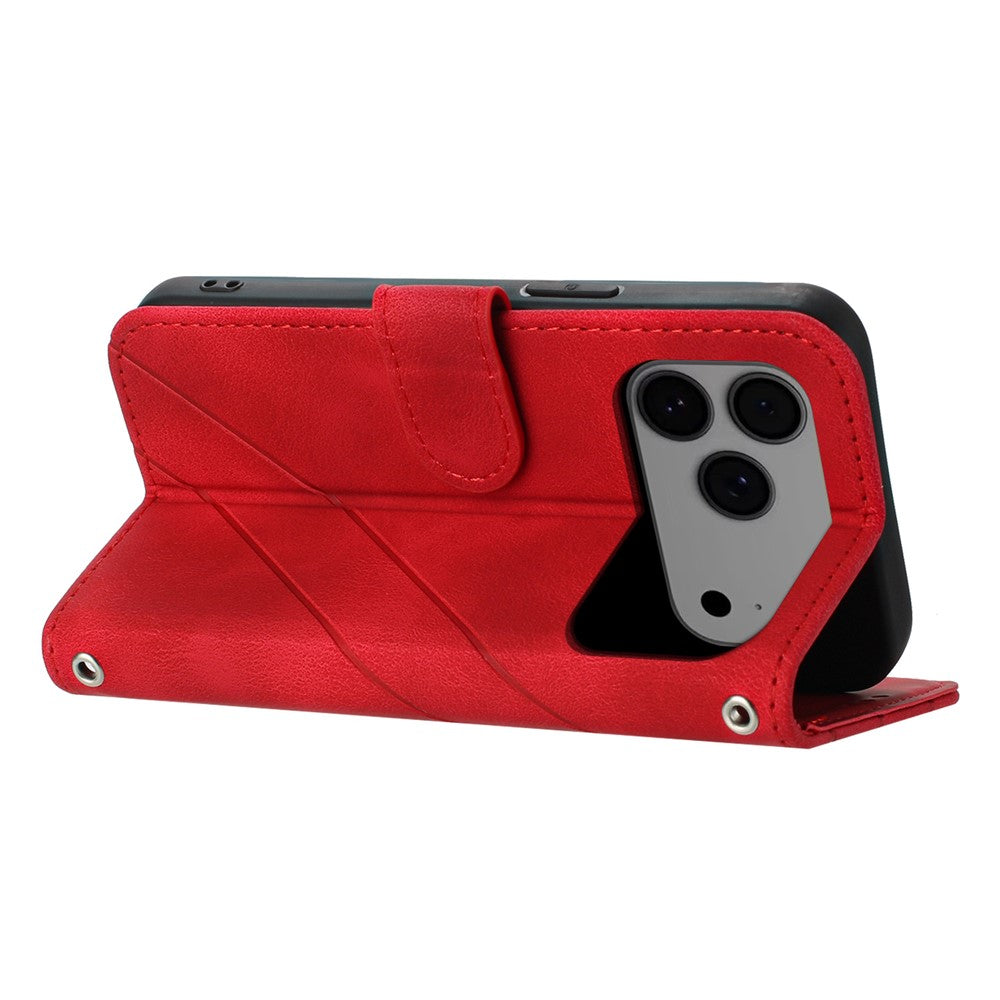 For iPhone 17 Pro Max Case Imprinted Line Leather Phone Cover with Handy Strap - Red