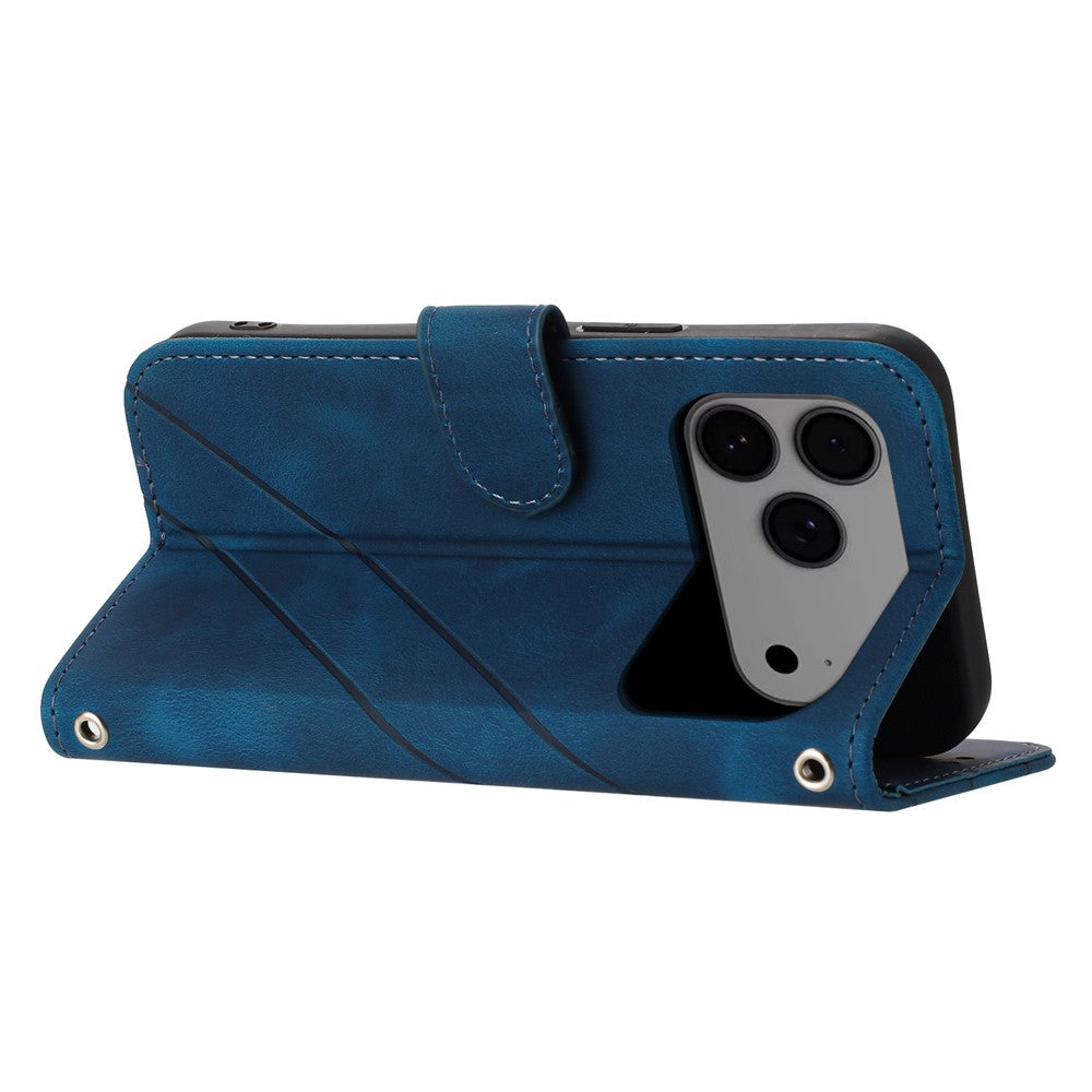 For iPhone 17 Pro Max Case Imprinted Line Leather Phone Cover with Handy Strap - Blue