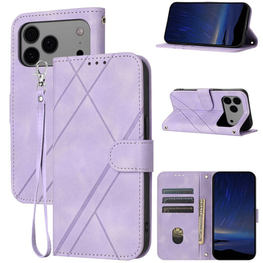 For iPhone 17 Pro Max Case Imprinted Line Leather Phone Cover with Handy Strap - Purple