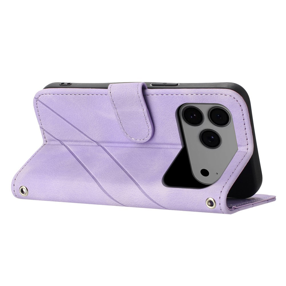 For iPhone 17 Pro Max Case Imprinted Line Leather Phone Cover with Handy Strap - Purple