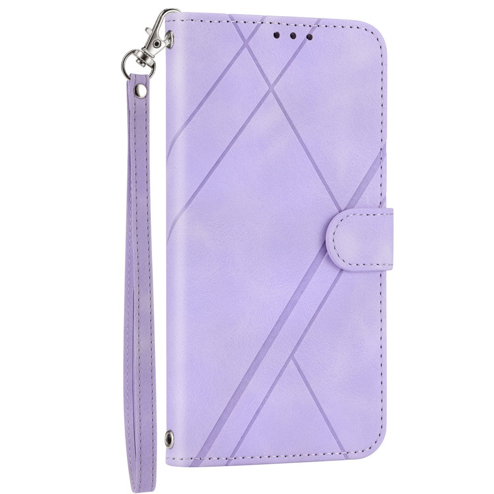 For iPhone 17 Pro Max Case Imprinted Line Leather Phone Cover with Handy Strap - Purple