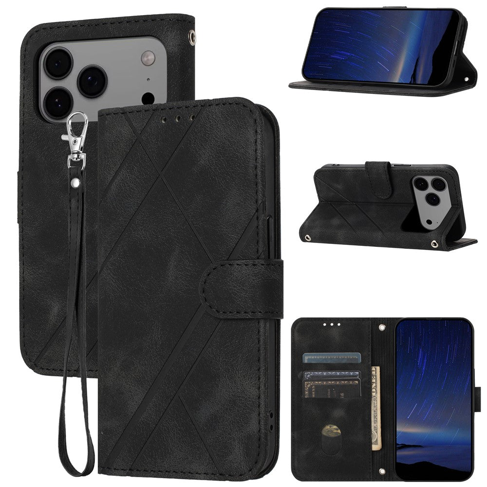 For iPhone 17 Pro Max Case Imprinted Line Leather Phone Cover with Handy Strap - Black