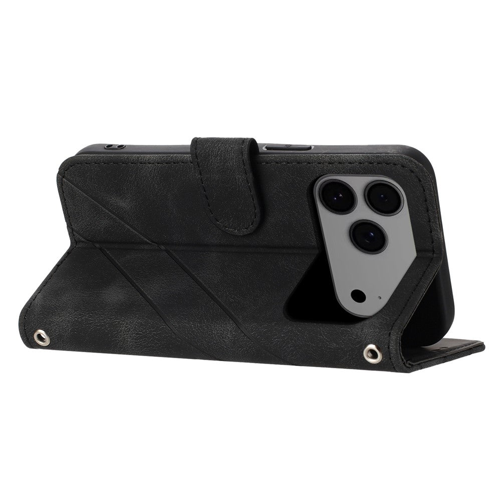 For iPhone 17 Pro Max Case Imprinted Line Leather Phone Cover with Handy Strap - Black