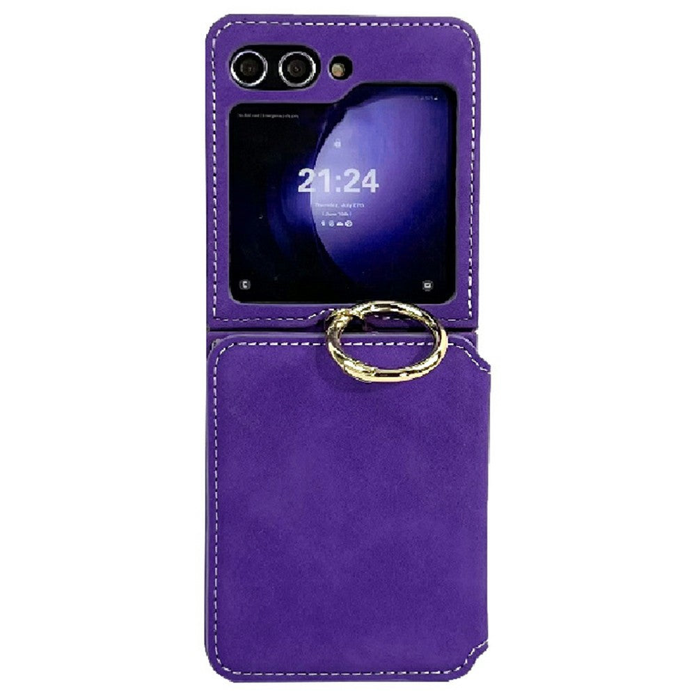 For Samsung Galaxy Z Flip7 5G Case Card Holder Ring Holder Kickstand PU + PC Phone Cover with Chain - Purple