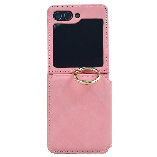 For Samsung Galaxy Z Flip7 5G Case Card Holder Ring Holder Kickstand PU + PC Phone Cover with Chain - Pink