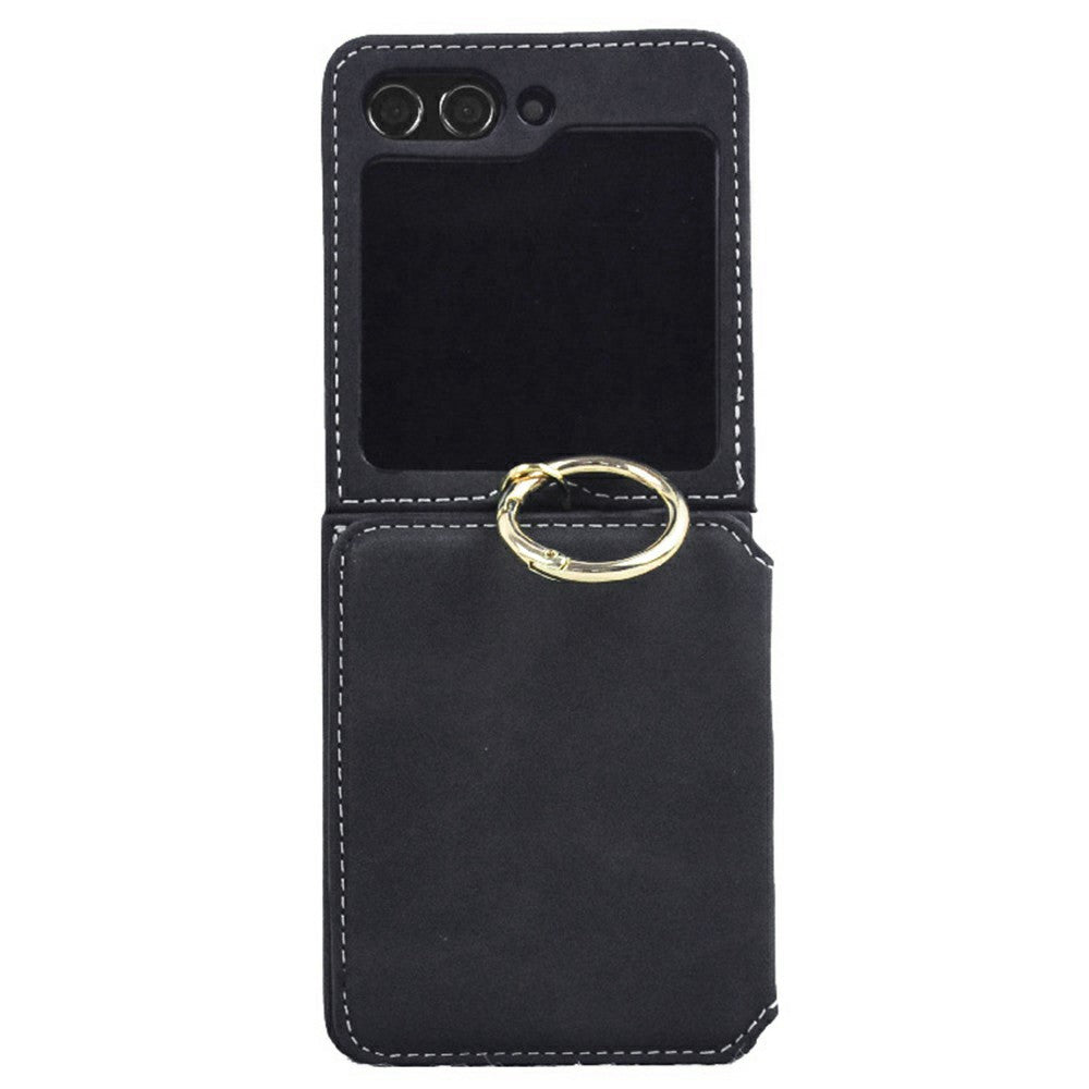 For Samsung Galaxy Z Flip7 5G Case Card Holder Ring Holder Kickstand PU + PC Phone Cover with Chain - Black