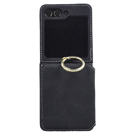 For Samsung Galaxy Z Flip7 5G Case Card Holder Ring Holder Kickstand PU + PC Phone Cover with Chain - Black