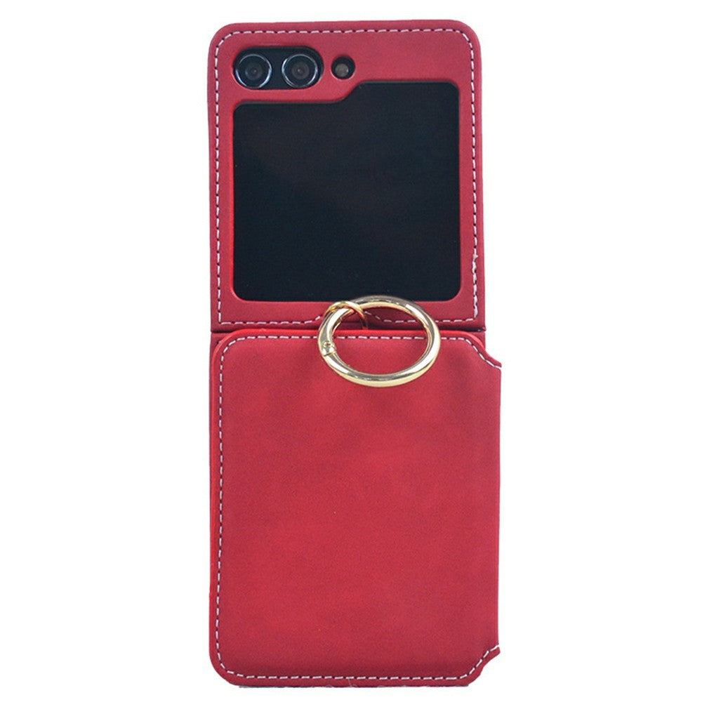 For Samsung Galaxy Z Flip7 5G Case Card Holder Ring Holder Kickstand PU + PC Phone Cover with Chain - Red