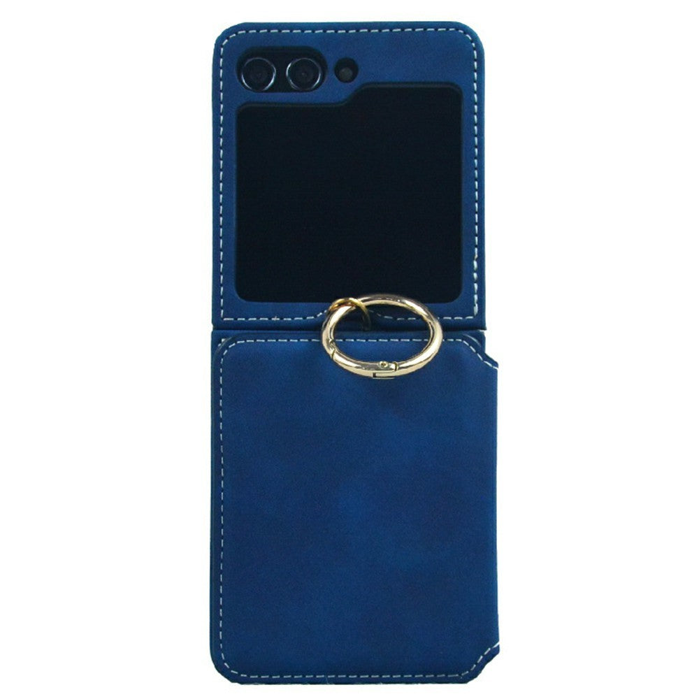 For Samsung Galaxy Z Flip7 5G Case Card Holder Ring Holder Kickstand PU + PC Phone Cover with Chain - Blue
