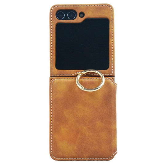 For Samsung Galaxy Z Flip7 5G Case Card Holder Ring Holder Kickstand PU + PC Phone Cover with Chain - Light Brown
