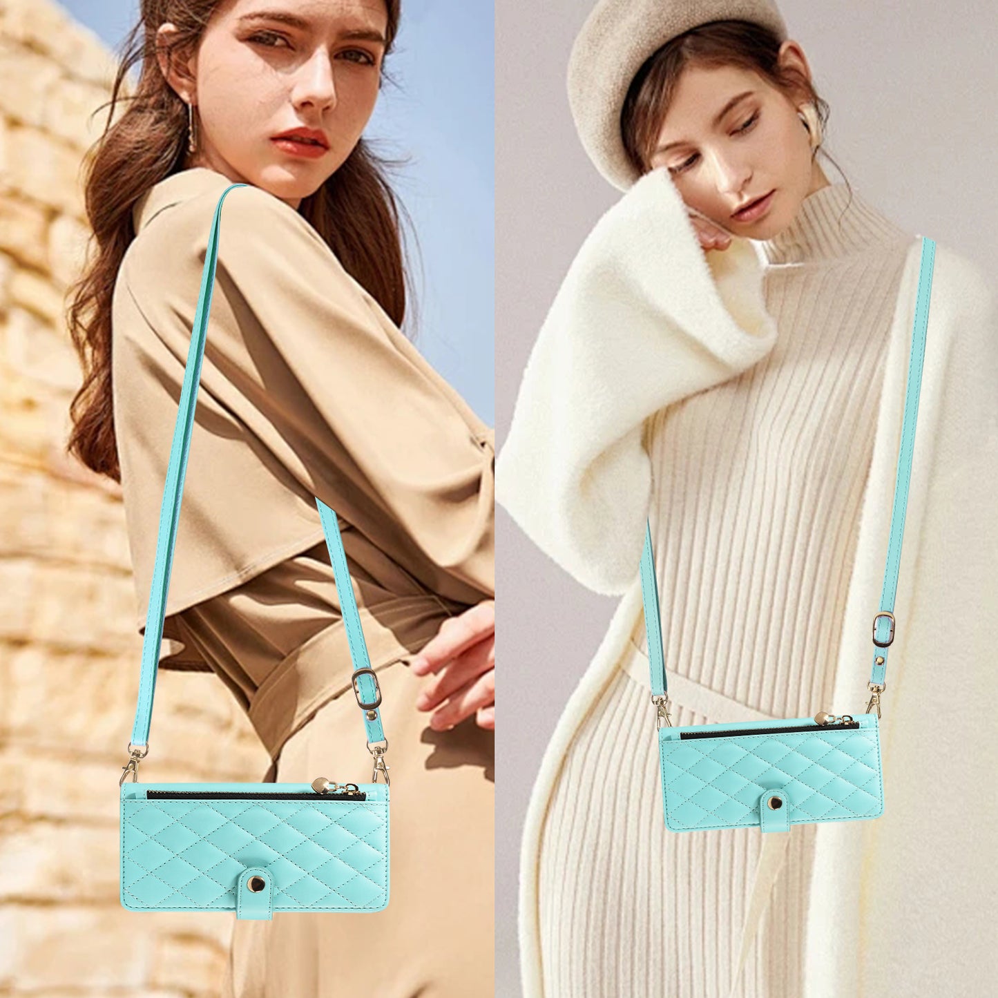 For iPhone 17 Pro Max Wallet Case with Straps, Rhombus Leather Stand Phone Cover - Light Green