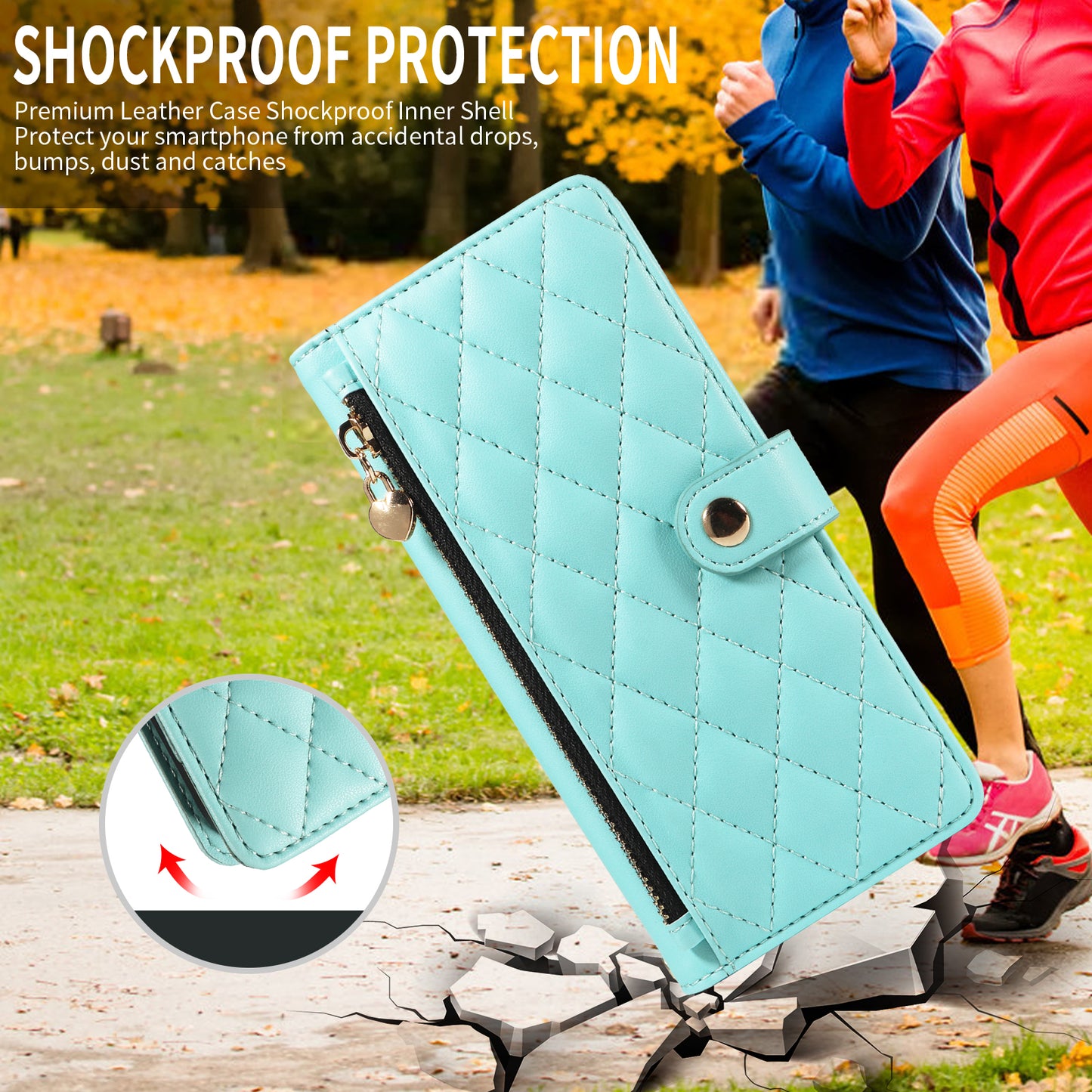 For iPhone 17 Pro Max Wallet Case with Straps, Rhombus Leather Stand Phone Cover - Light Green