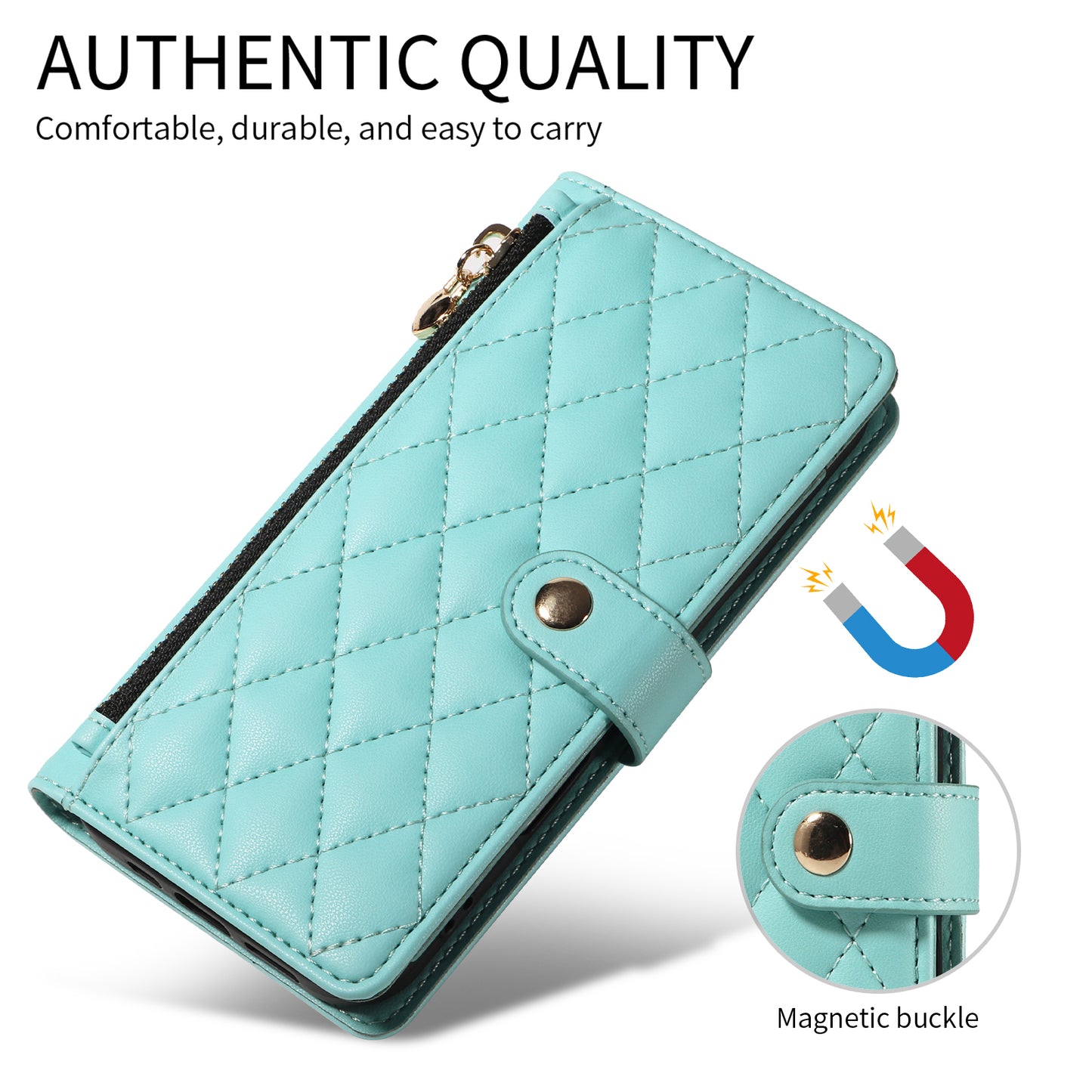 For iPhone 17 Pro Max Wallet Case with Straps, Rhombus Leather Stand Phone Cover - Light Green