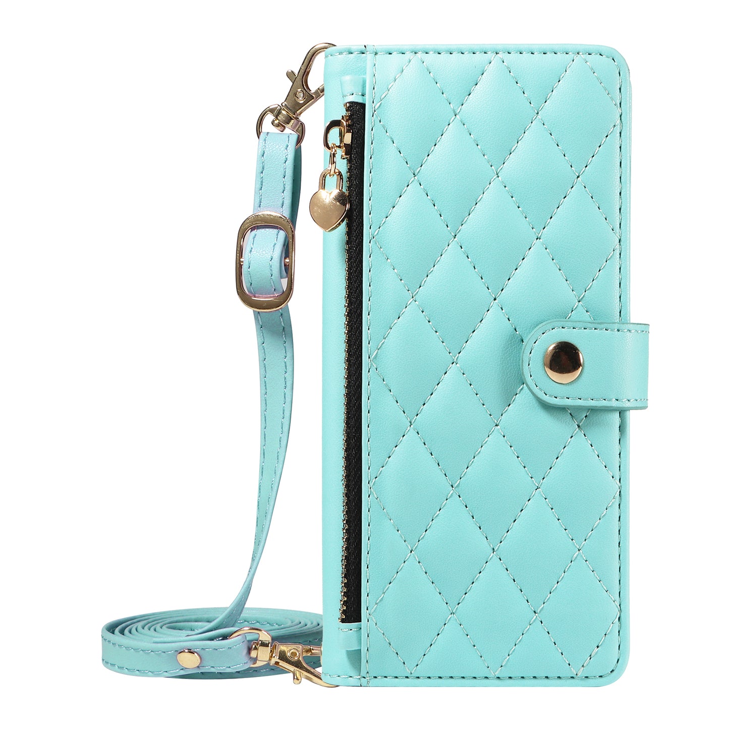 For iPhone 17 Pro Max Wallet Case with Straps, Rhombus Leather Stand Phone Cover - Light Green