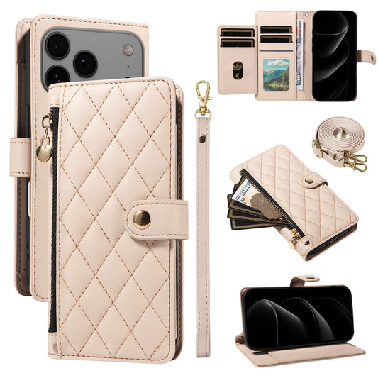 For iPhone 17 Pro Max Wallet Case with Straps, Rhombus Leather Stand Phone Cover - Beige