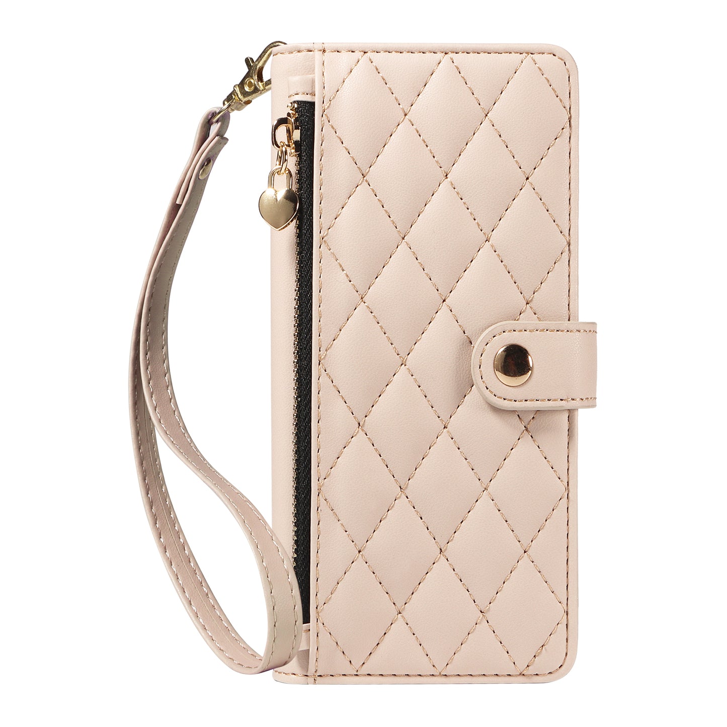 For iPhone 17 Pro Max Wallet Case with Straps, Rhombus Leather Stand Phone Cover - Beige