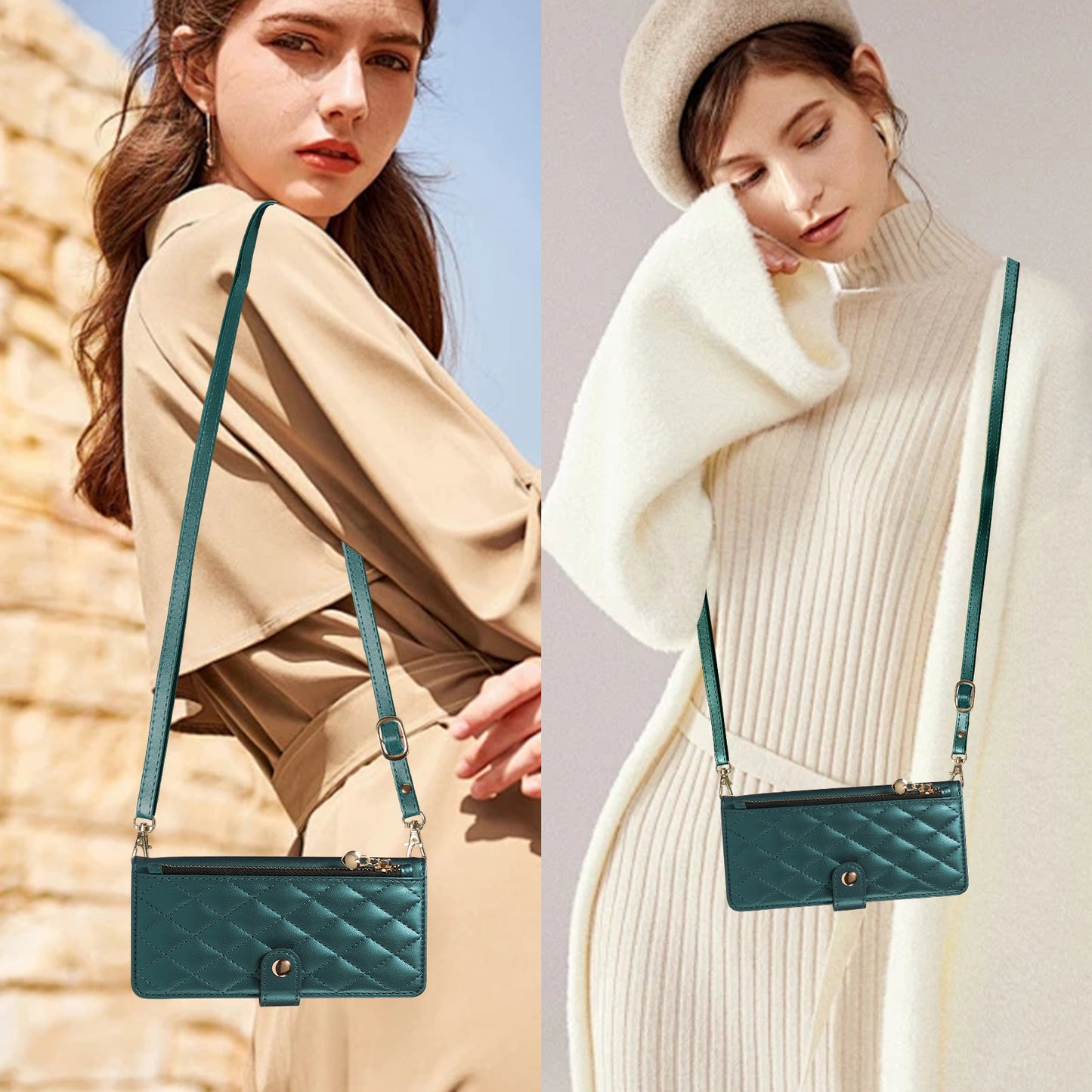 For iPhone 17 Pro Max Wallet Case with Straps, Rhombus Leather Stand Phone Cover - Blackish Green