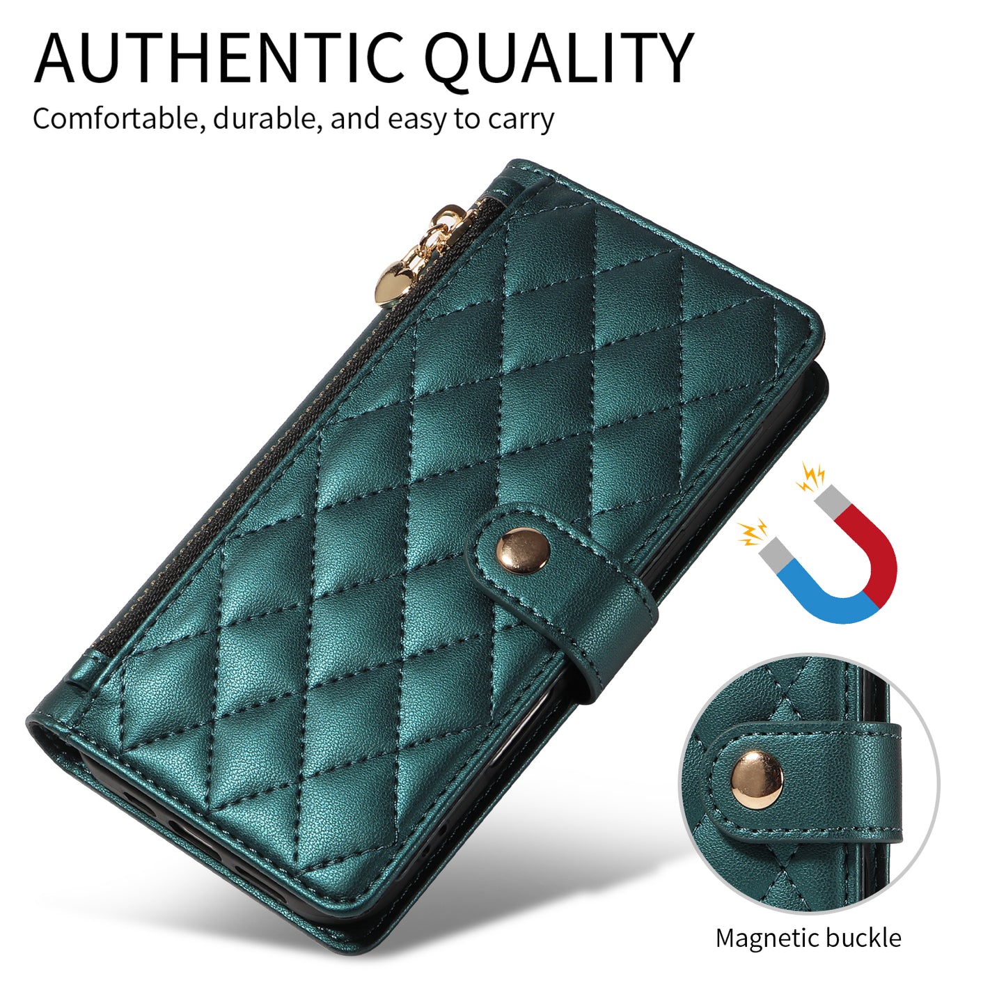 For iPhone 17 Pro Max Wallet Case with Straps, Rhombus Leather Stand Phone Cover - Blackish Green