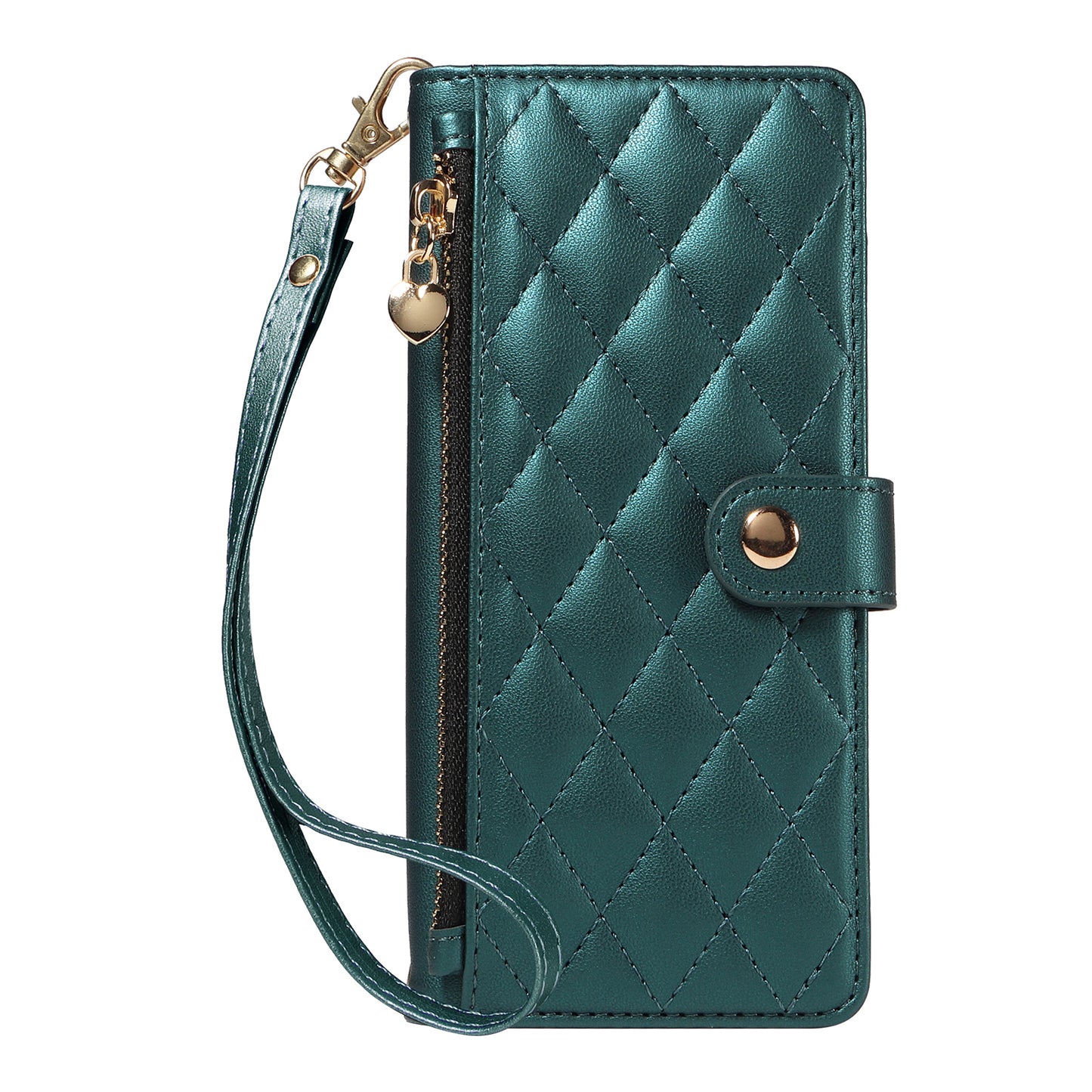 For iPhone 17 Pro Max Wallet Case with Straps, Rhombus Leather Stand Phone Cover - Blackish Green