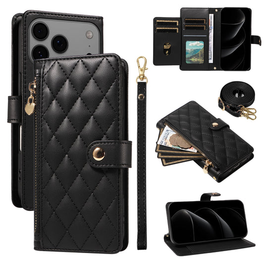 For iPhone 17 Pro Max Wallet Case with Straps, Rhombus Leather Stand Phone Cover -   Black