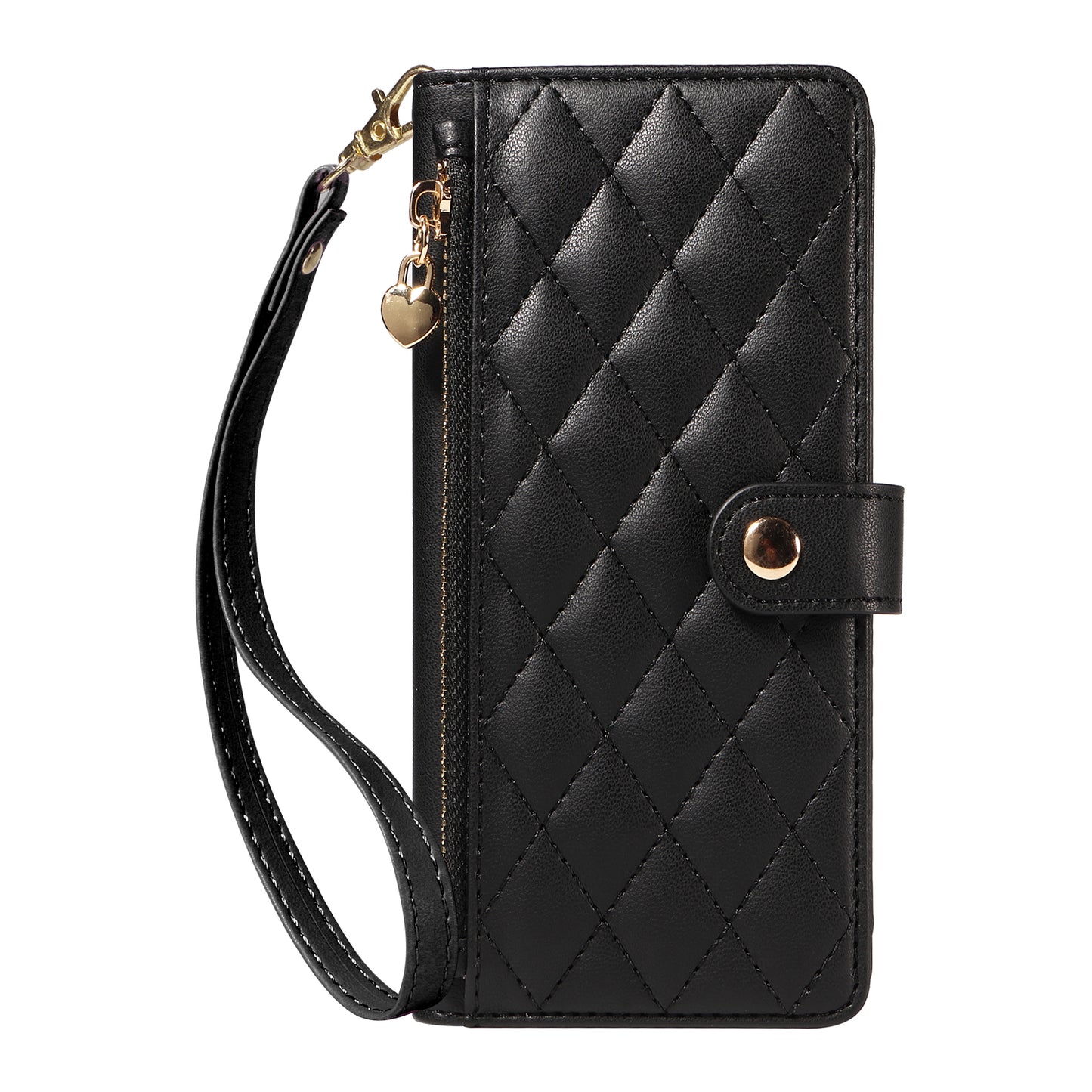 For iPhone 17 Pro Max Wallet Case with Straps, Rhombus Leather Stand Phone Cover -   Black