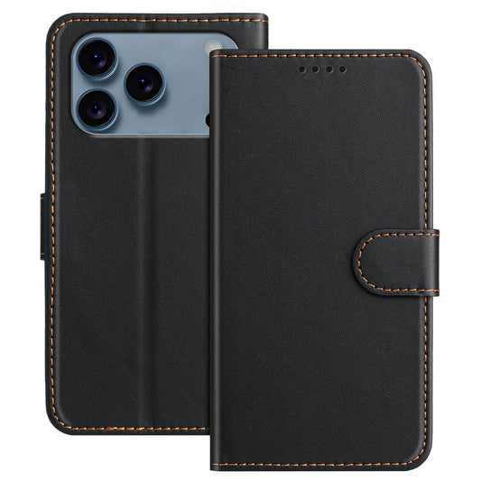 For iPhone 17 Pro Max Leather Case Wallet Stand Solid Color Anti Drop Phone Cover - Black