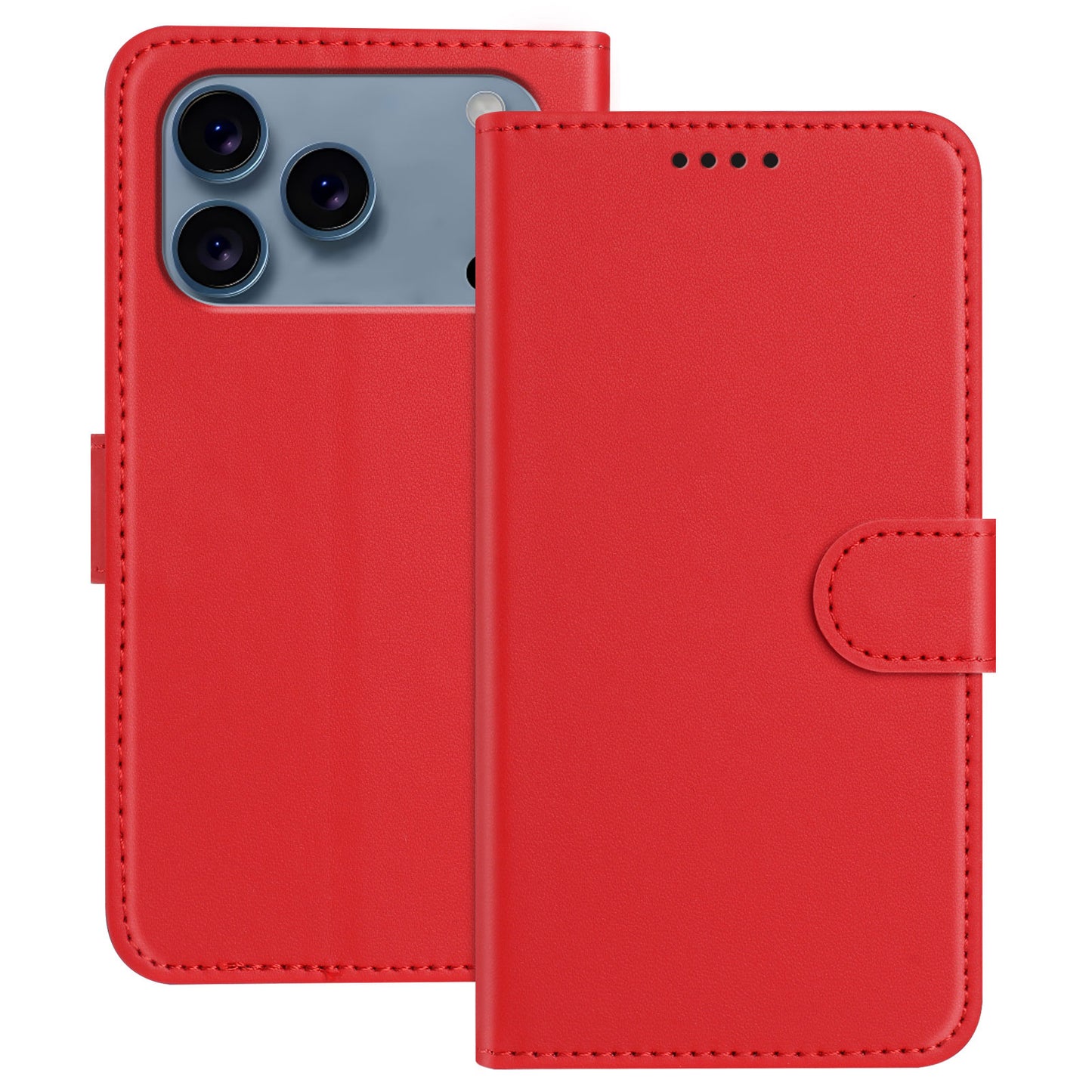 For iPhone 17 Pro Max Leather Case Wallet Stand Solid Color Anti Drop Phone Cover - Red