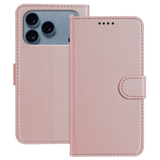 For iPhone 17 Pro Max Leather Case Wallet Stand Solid Color Anti Drop Phone Cover - Rose Gold