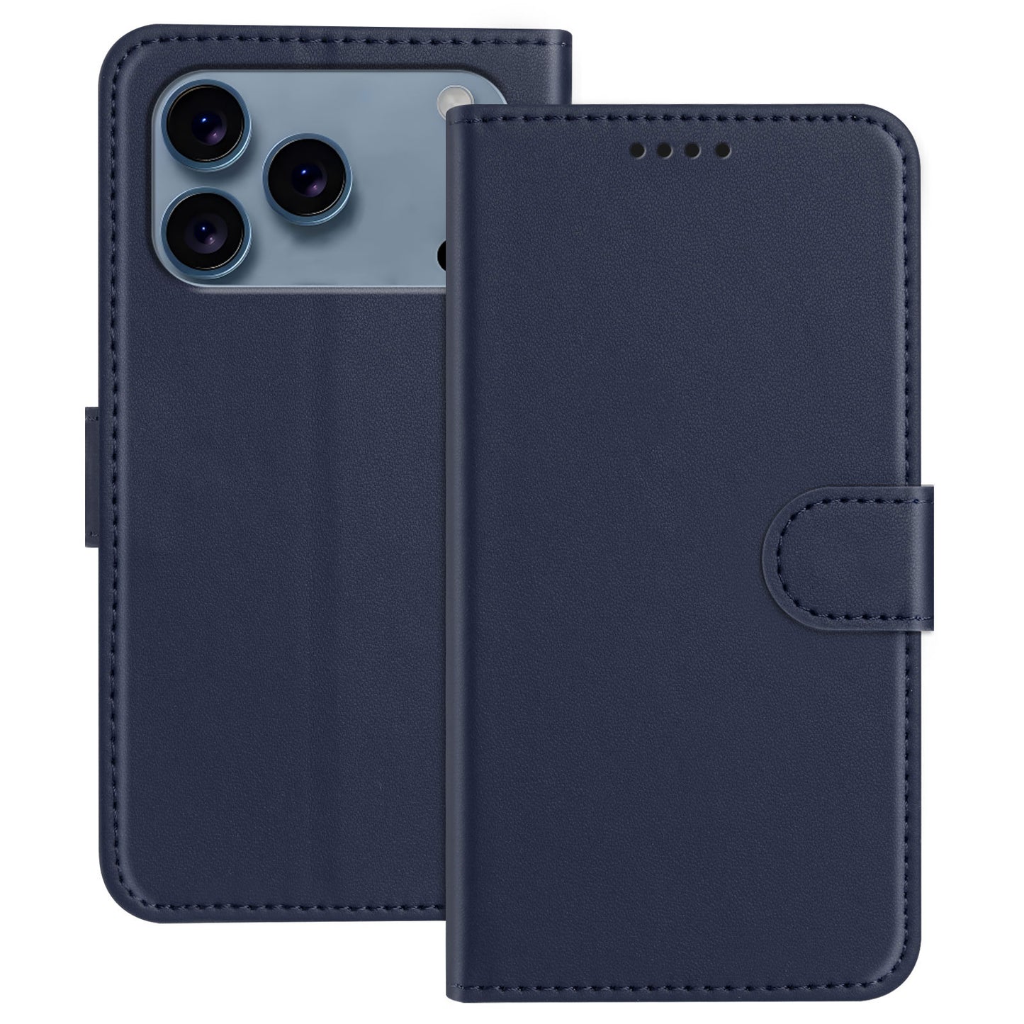 For iPhone 17 Pro Max Leather Case Wallet Stand Solid Color Anti Drop Phone Cover - Blue