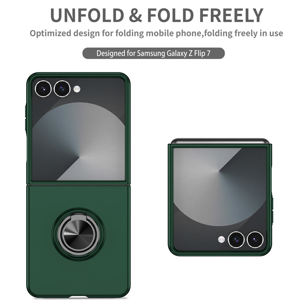 For Samsung Galaxy Z Flip7 5G Case Rotatable Ring Kickstand Hard PC Phone Cover - Blackish Green