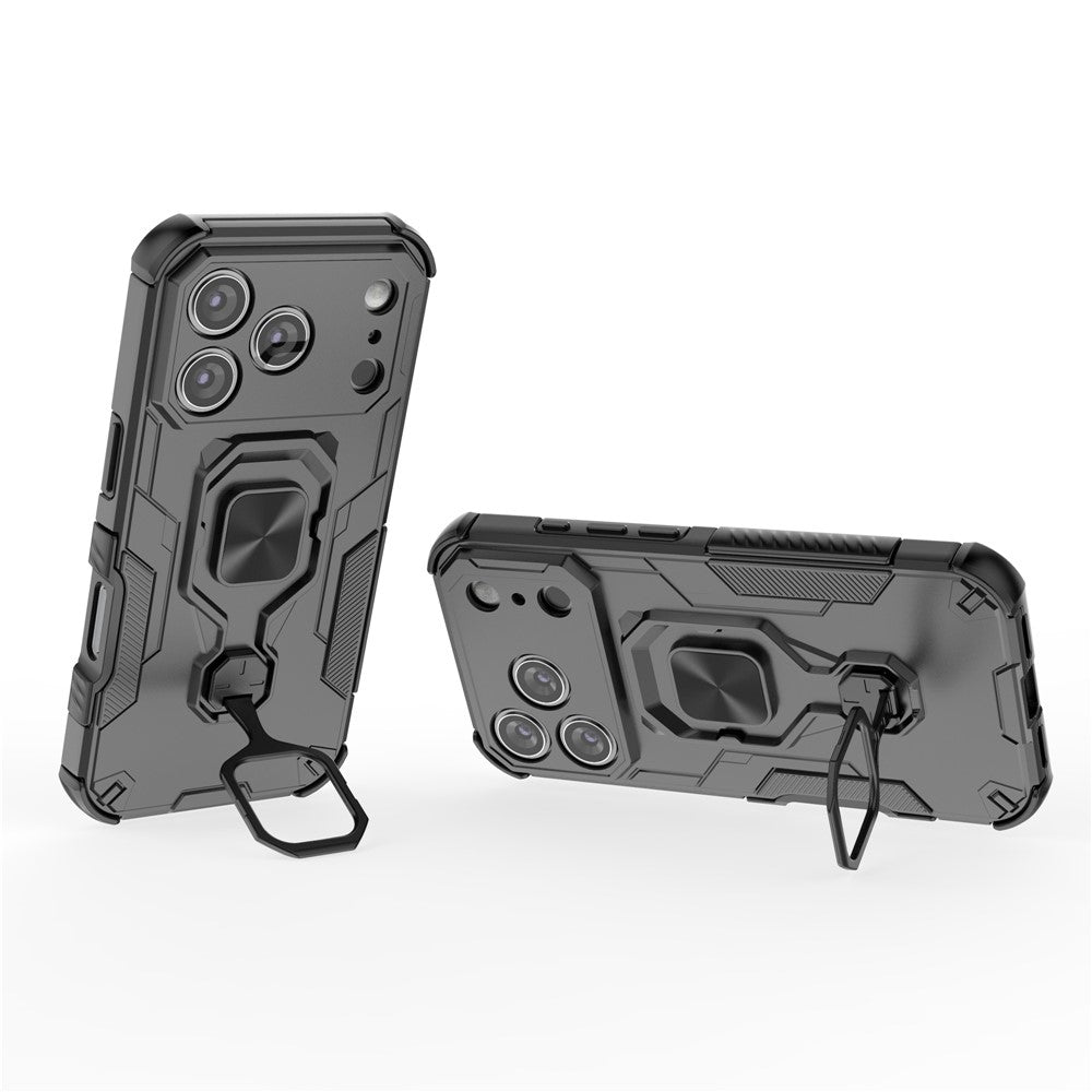 For iPhone 17 Pro Max Case Rotatable Ring Kickstand PC + TPU Shockproof Phone Cover - Black