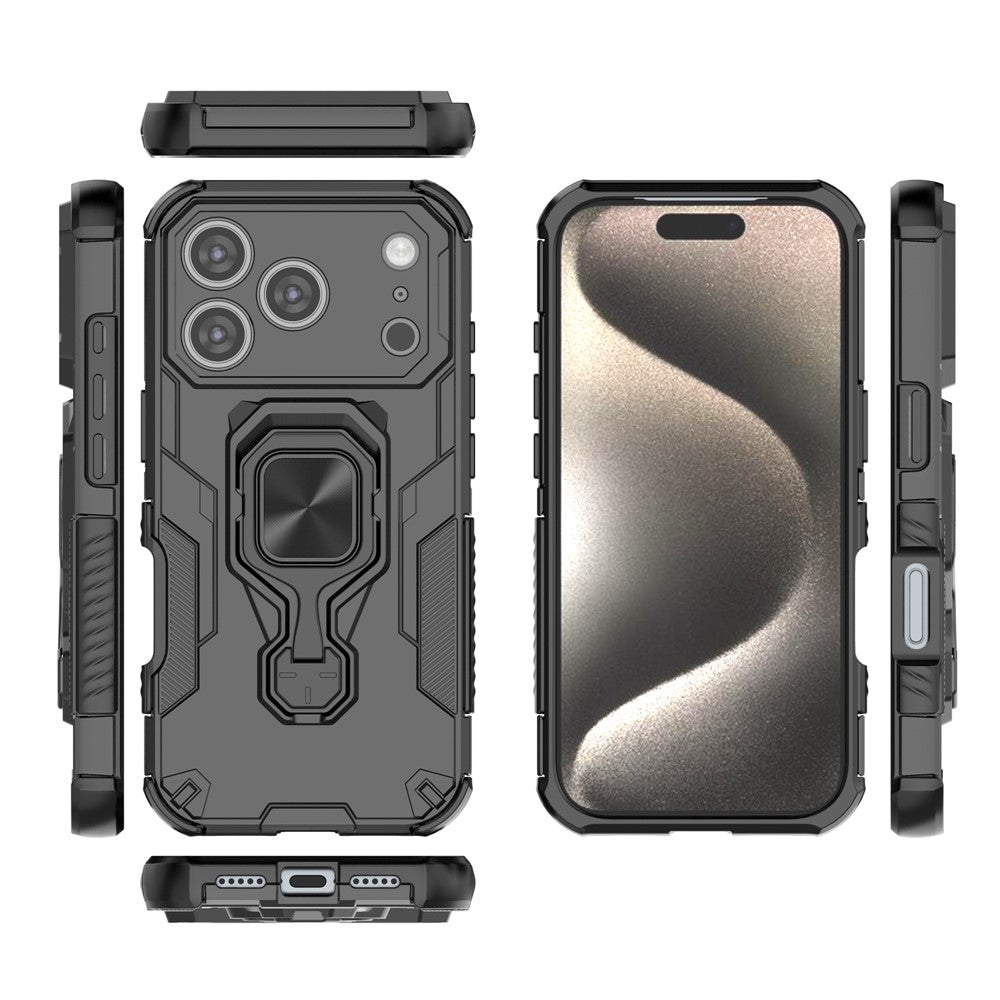 For iPhone 17 Pro Max Case Rotatable Ring Kickstand PC + TPU Shockproof Phone Cover - Black