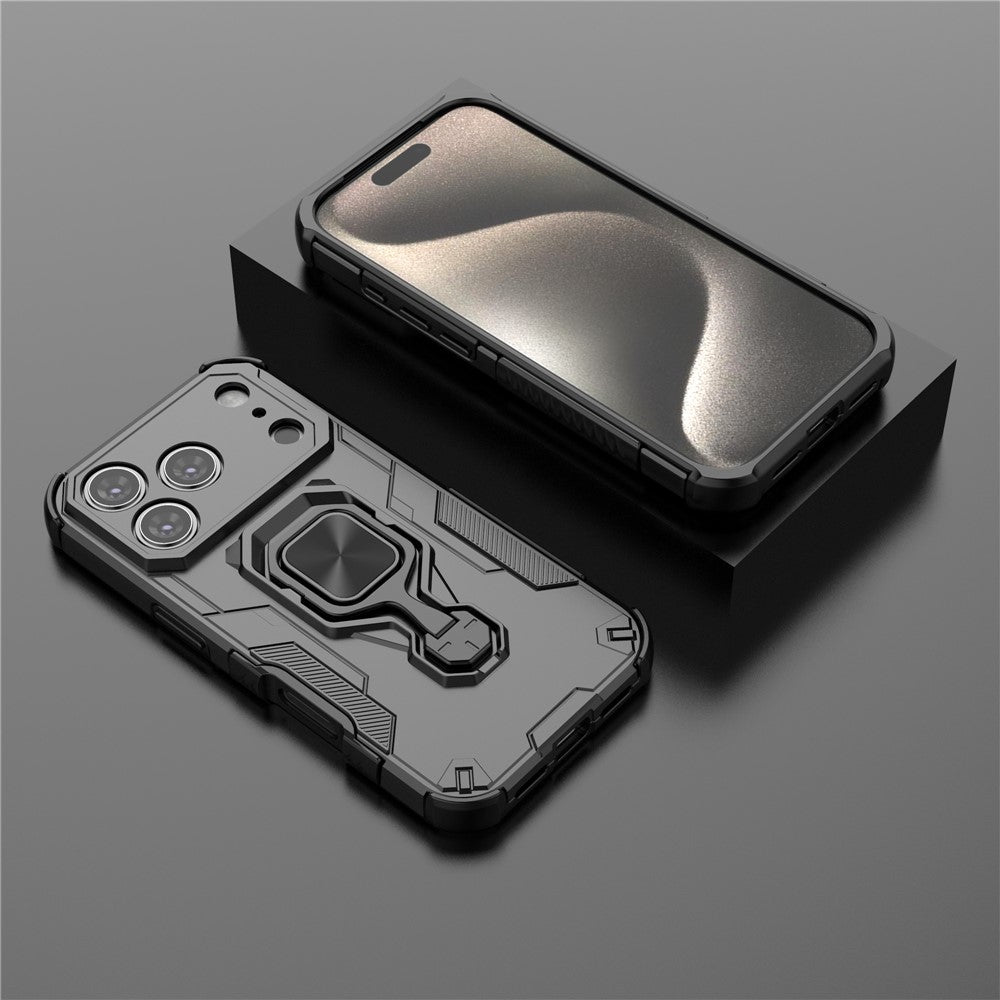 For iPhone 17 Pro Max Case Rotatable Ring Kickstand PC + TPU Shockproof Phone Cover - Black