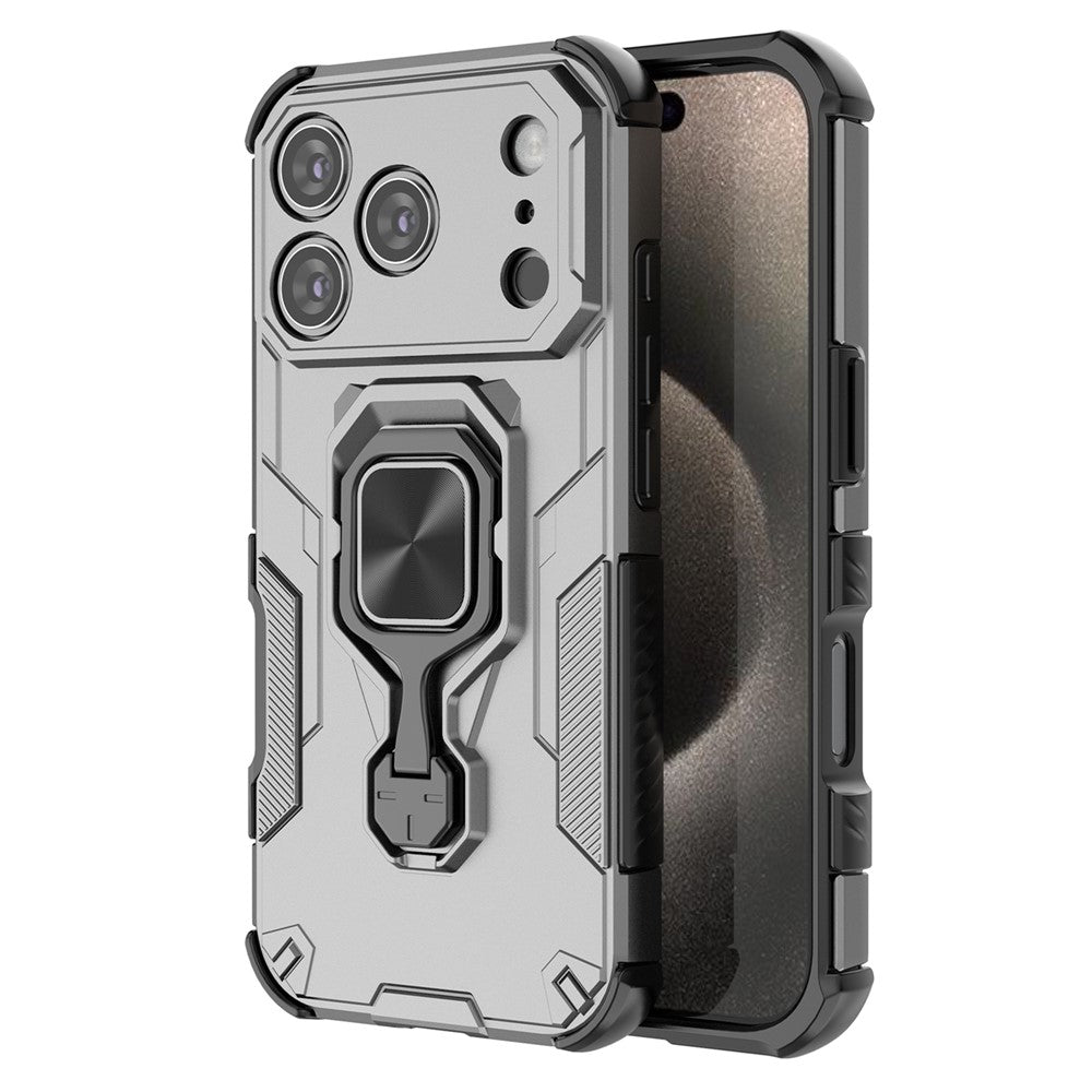 For iPhone 17 Pro Max Case Rotatable Ring Kickstand PC + TPU Shockproof Phone Cover - Titanium Grey