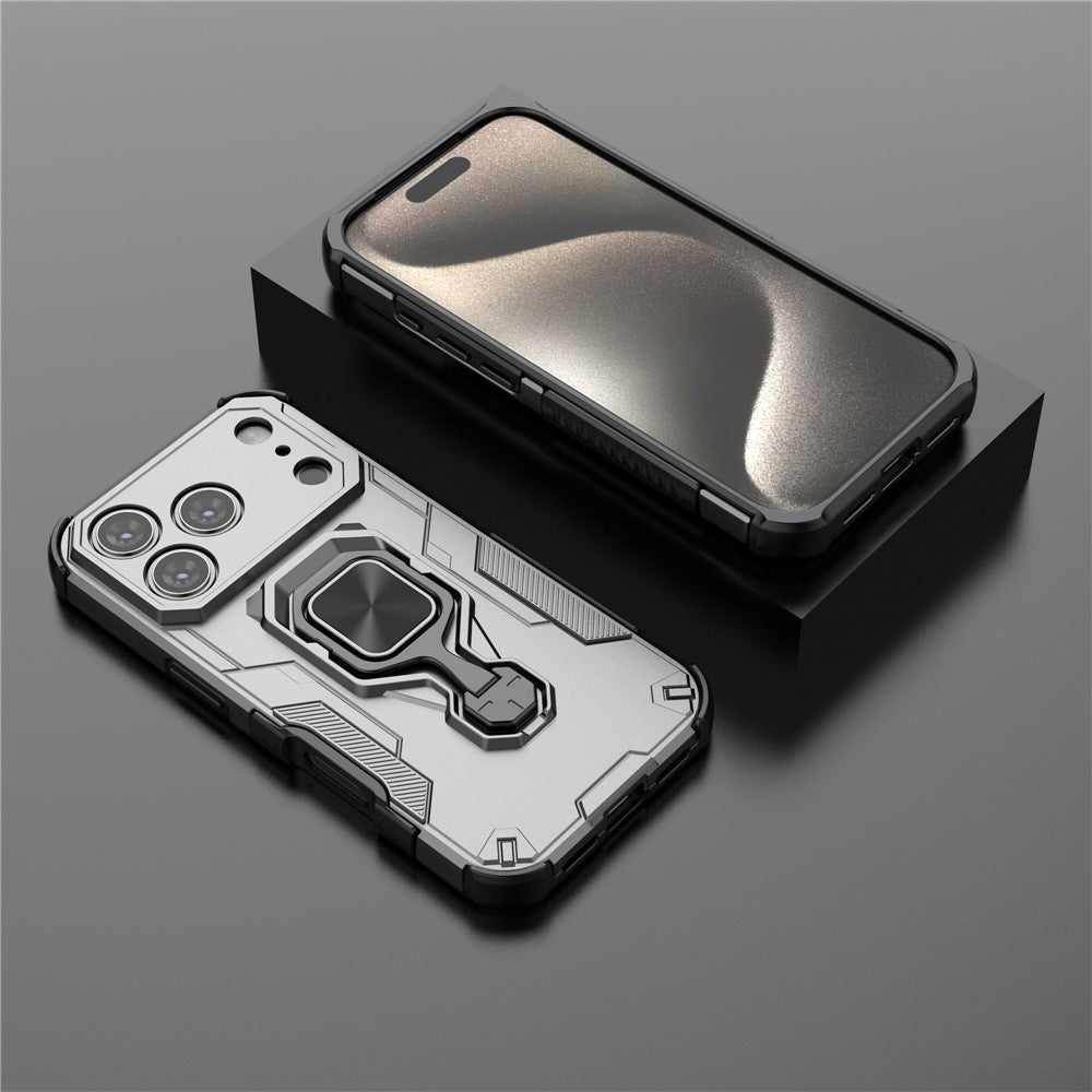 For iPhone 17 Pro Max Case Rotatable Ring Kickstand PC + TPU Shockproof Phone Cover - Titanium Grey