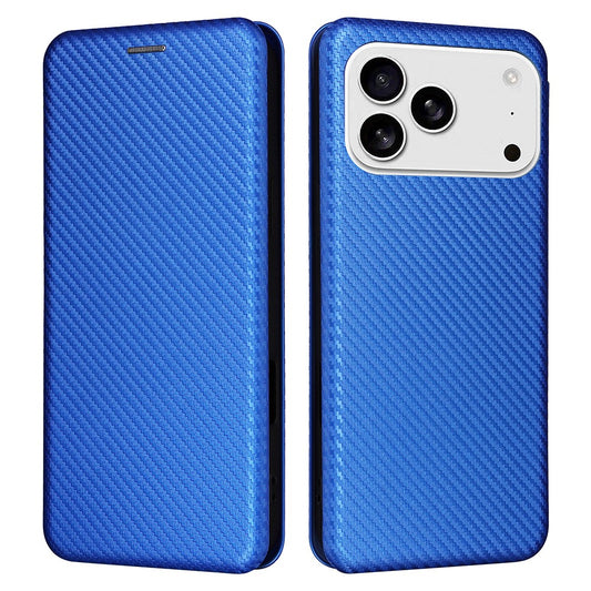 For iPhone 17 Pro Max Case Carbon Fiber Texture Drop-Proof PU Leather Phone Cover - Blue