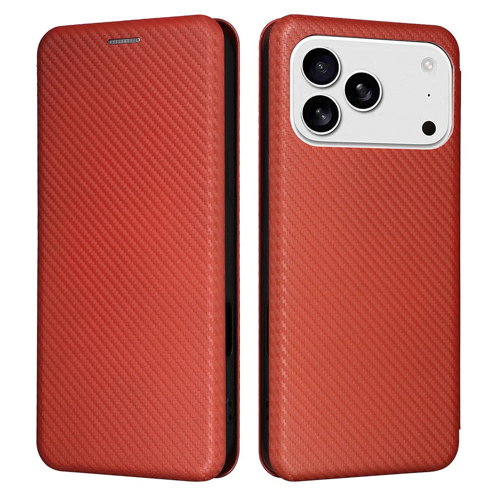 For iPhone 17 Pro Max Case Carbon Fiber Texture Drop-Proof PU Leather Phone Cover - Brown