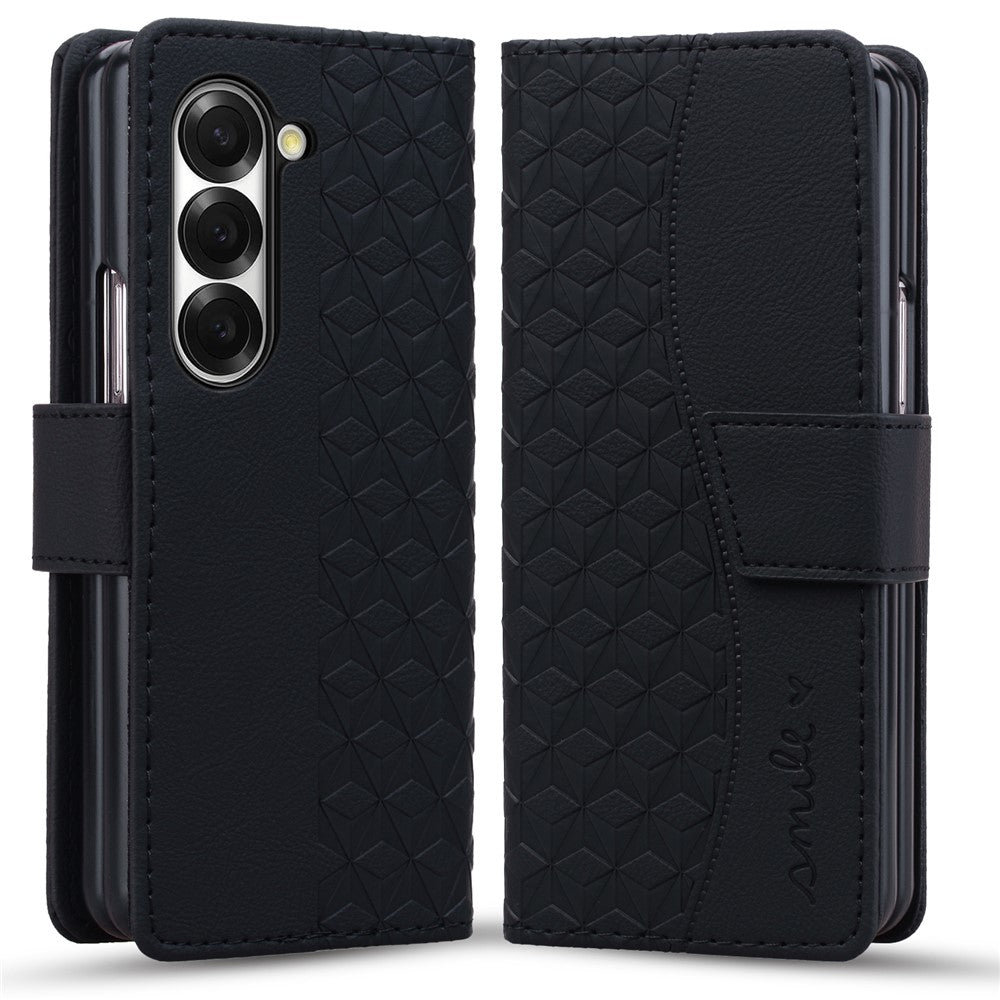 For Samsung Galaxy Z Fold7 5G Case Rhombus Pattern Leather Wallet Phone Cover with Wrist Strap - Black