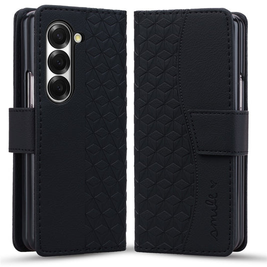 For Samsung Galaxy Z Fold7 5G Case Rhombus Pattern Leather Wallet Phone Cover with Wrist Strap - Black