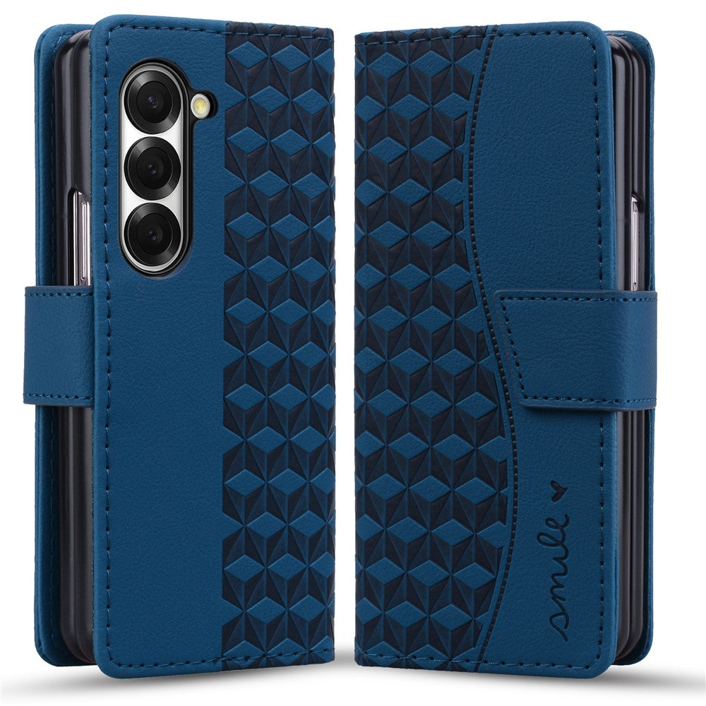 For Samsung Galaxy Z Fold7 5G Case Rhombus Pattern Leather Wallet Phone Cover with Wrist Strap - Sapphire