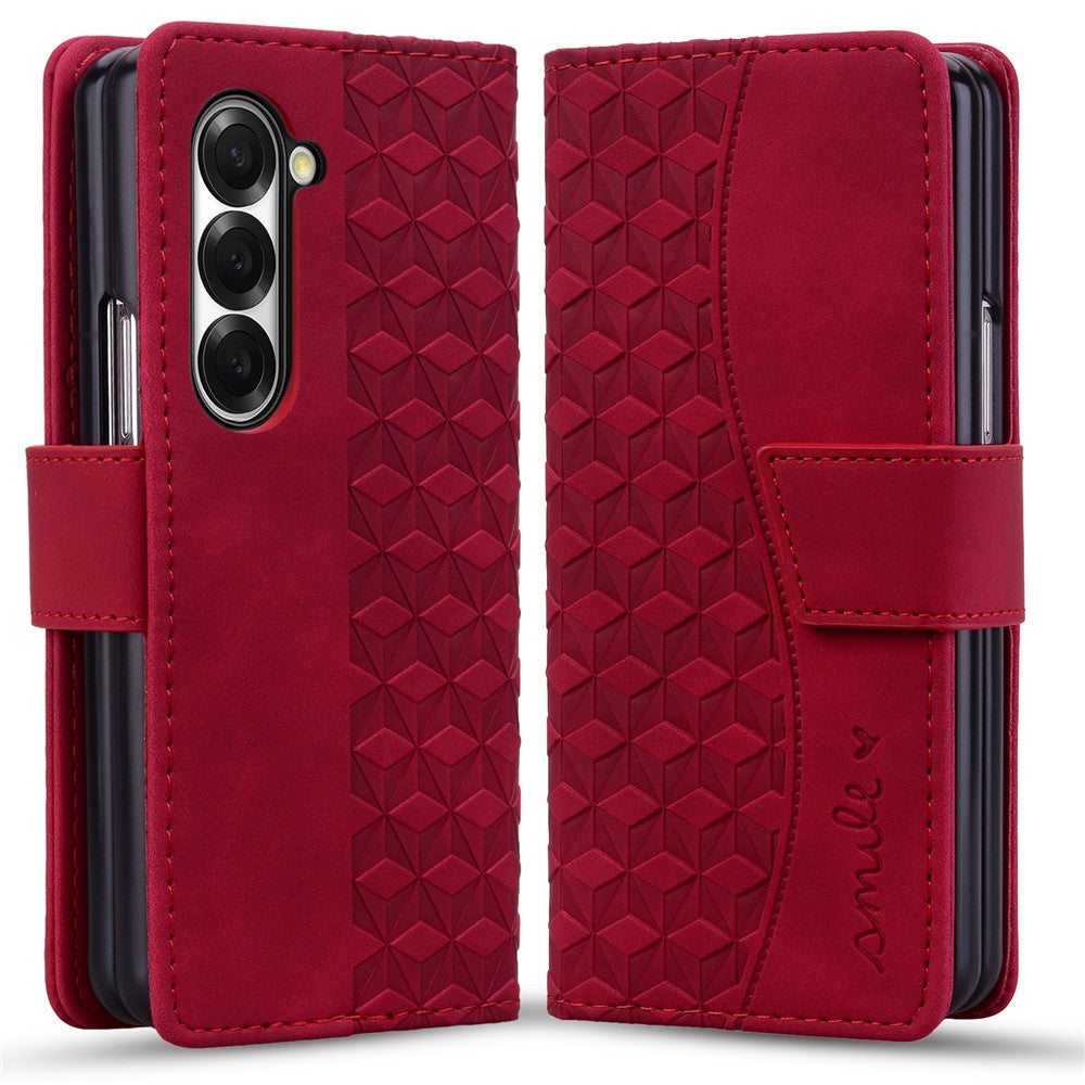 For Samsung Galaxy Z Fold7 5G Case Rhombus Pattern Leather Wallet Phone Cover with Wrist Strap - Wine Red
