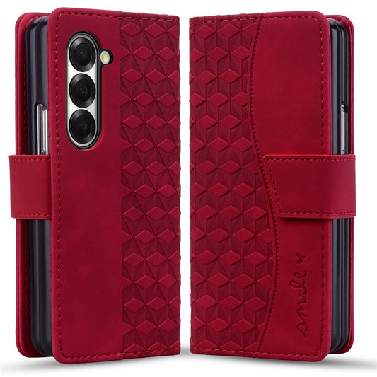 For Samsung Galaxy Z Fold7 5G Case Rhombus Pattern Leather Wallet Phone Cover with Wrist Strap - Wine Red