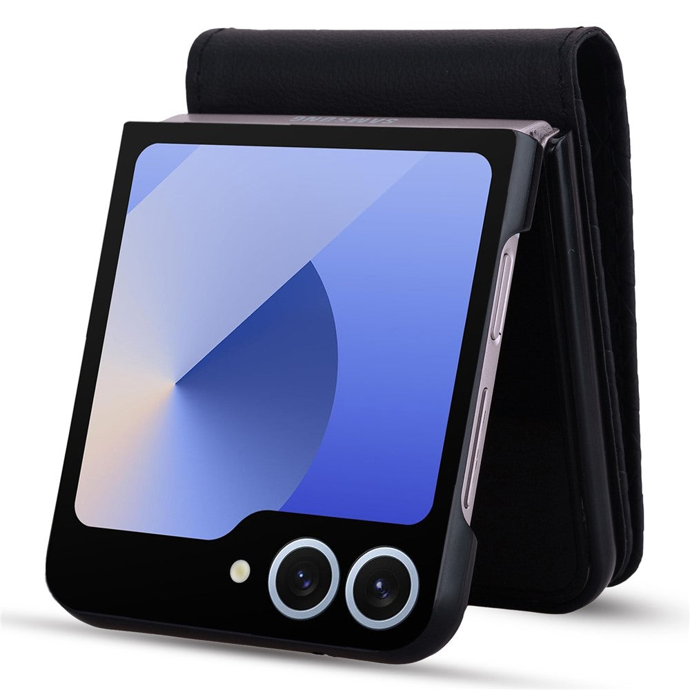 For Samsung Galaxy Z Flip7 5G Case Rhombus Pattern Leather Phone Cover with Wrist Strap - Black