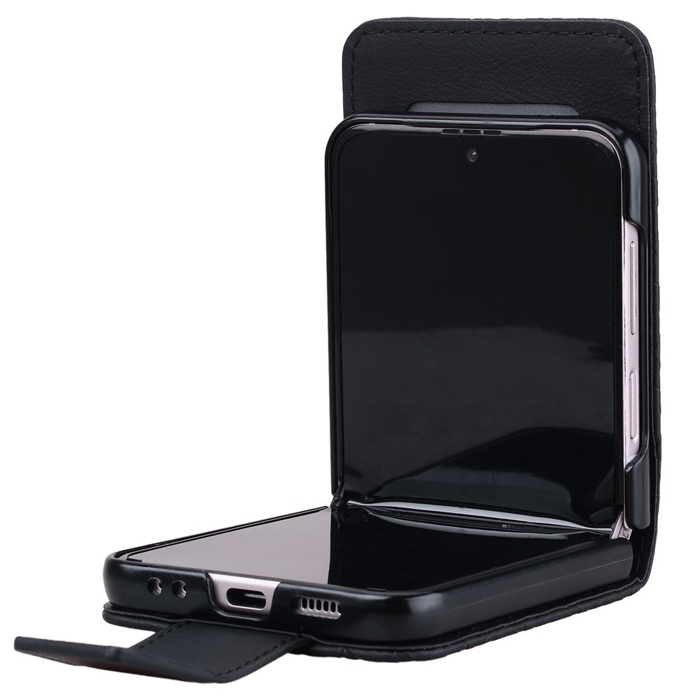 For Samsung Galaxy Z Flip7 5G Case Rhombus Pattern Leather Phone Cover with Wrist Strap - Black