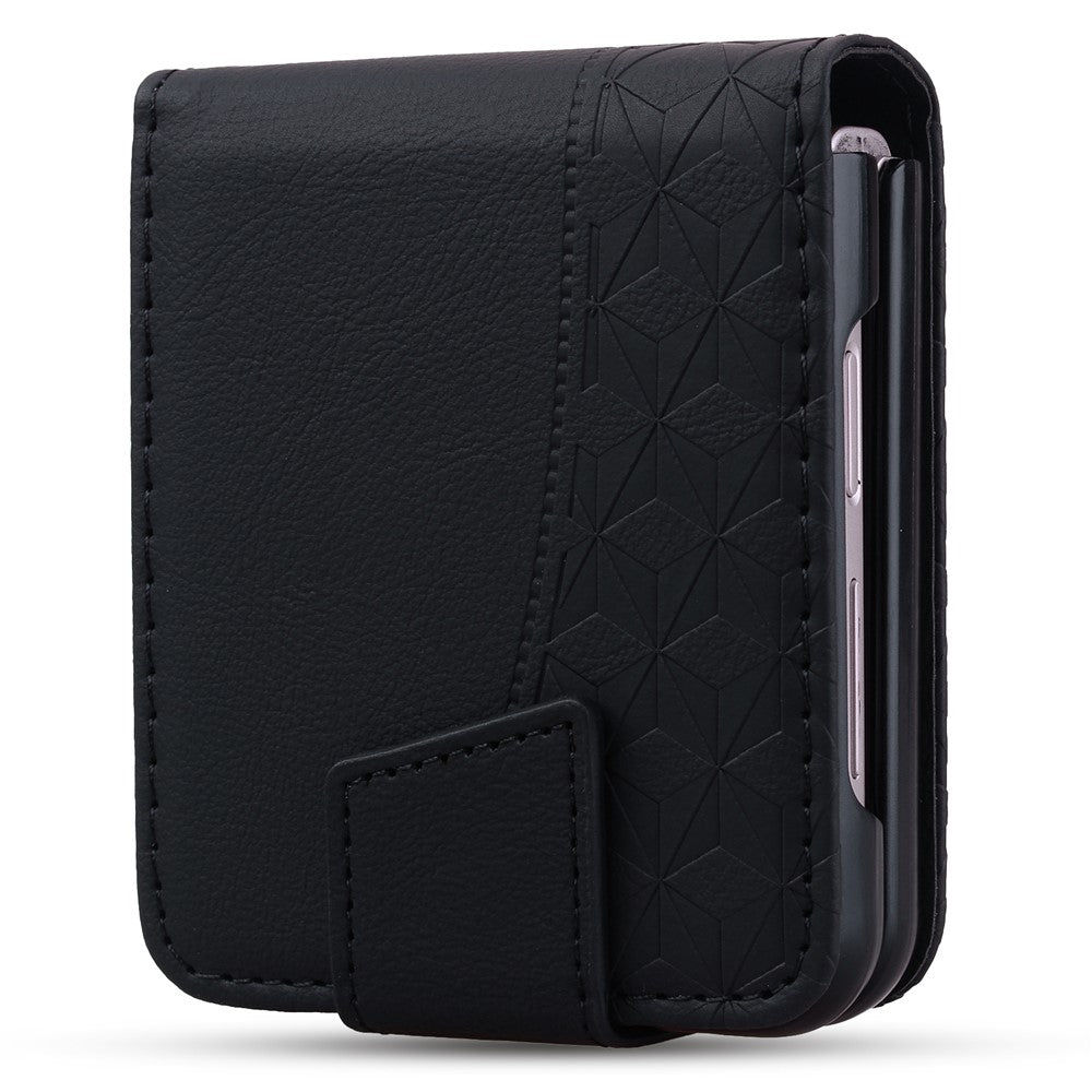 For Samsung Galaxy Z Flip7 5G Case Rhombus Pattern Leather Phone Cover with Wrist Strap - Black