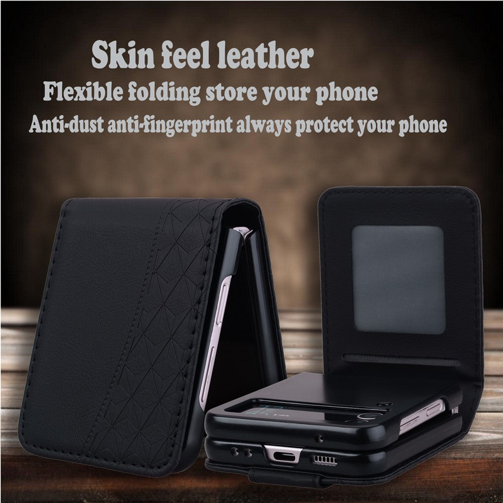 For Samsung Galaxy Z Flip7 5G Case Rhombus Pattern Leather Phone Cover with Wrist Strap - Black