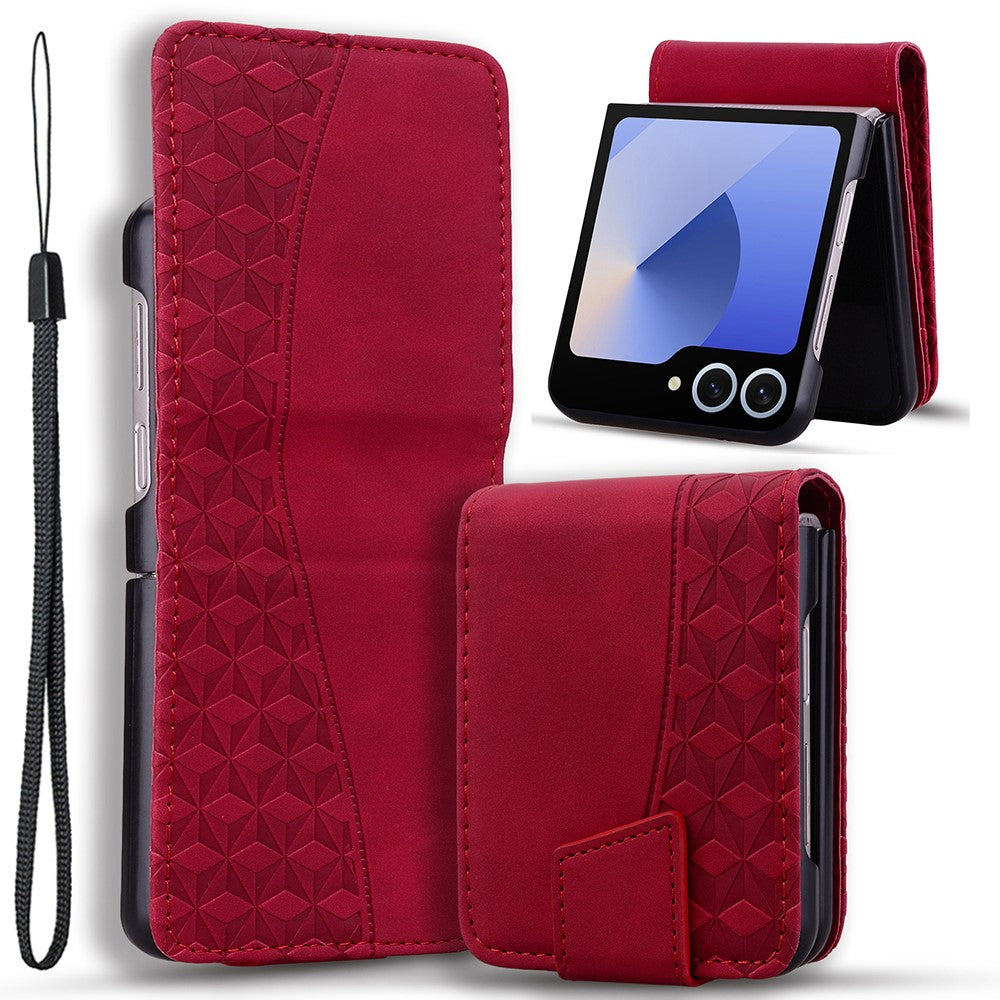For Samsung Galaxy Z Flip7 5G Case Rhombus Pattern Leather Phone Cover with Wrist Strap - Wine Red