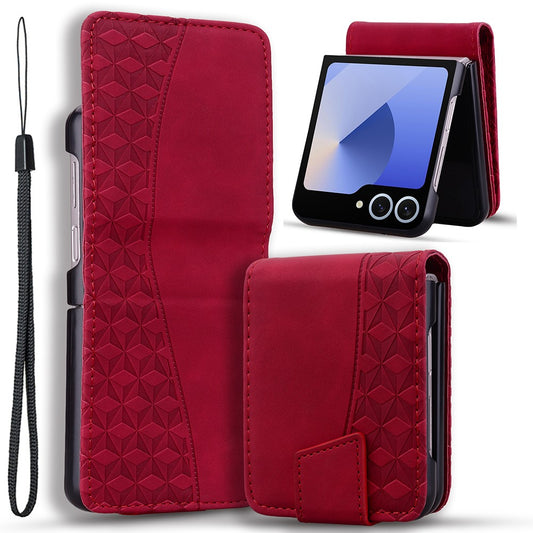 For Samsung Galaxy Z Flip7 5G Case Rhombus Pattern Leather Phone Cover with Wrist Strap - Wine Red