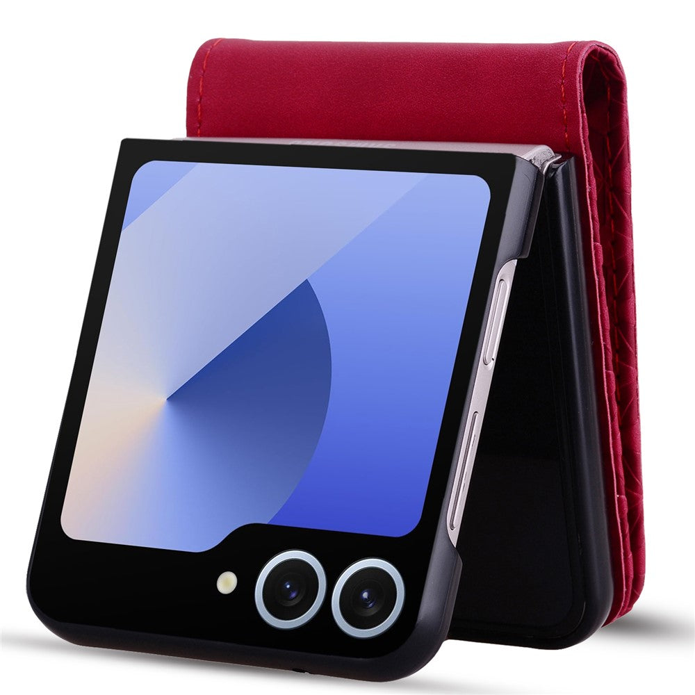 For Samsung Galaxy Z Flip7 5G Case Rhombus Pattern Leather Phone Cover with Wrist Strap - Wine Red