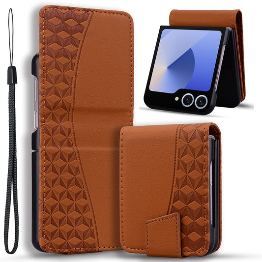 For Samsung Galaxy Z Flip7 5G Case Rhombus Pattern Leather Phone Cover with Wrist Strap - Brown